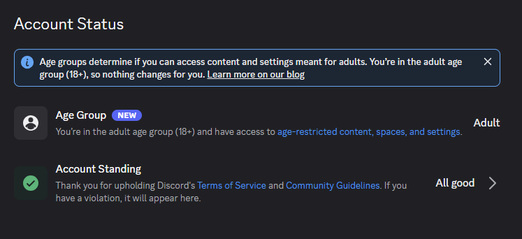 Discord Age Status showing in the web interface