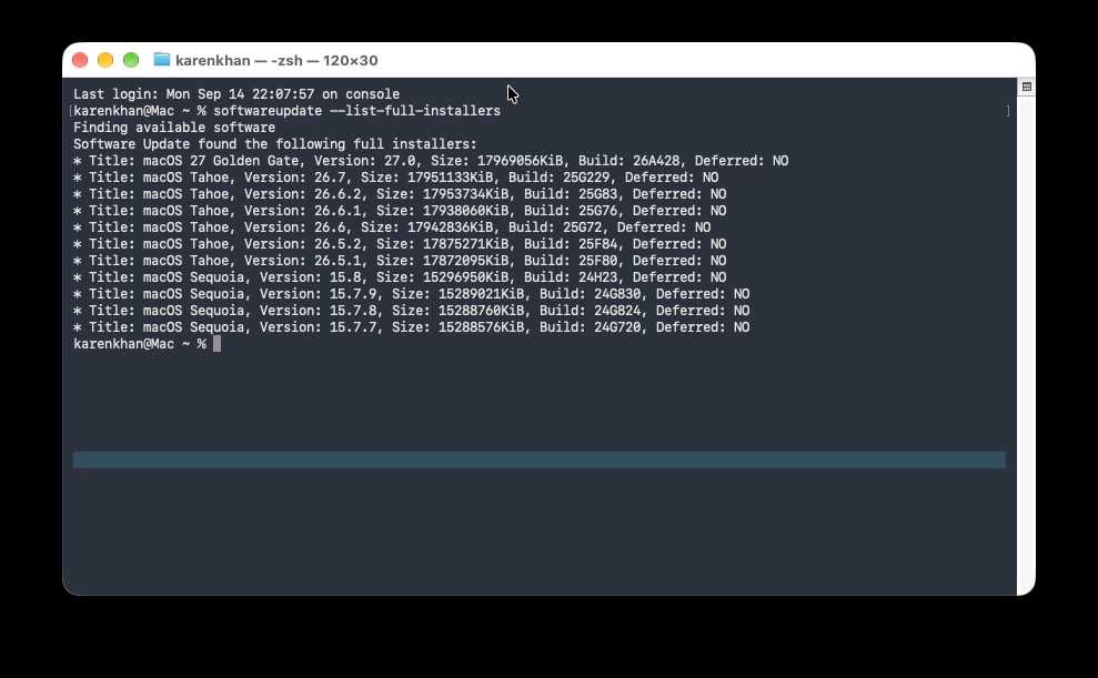Using Terminal to get macOS versions