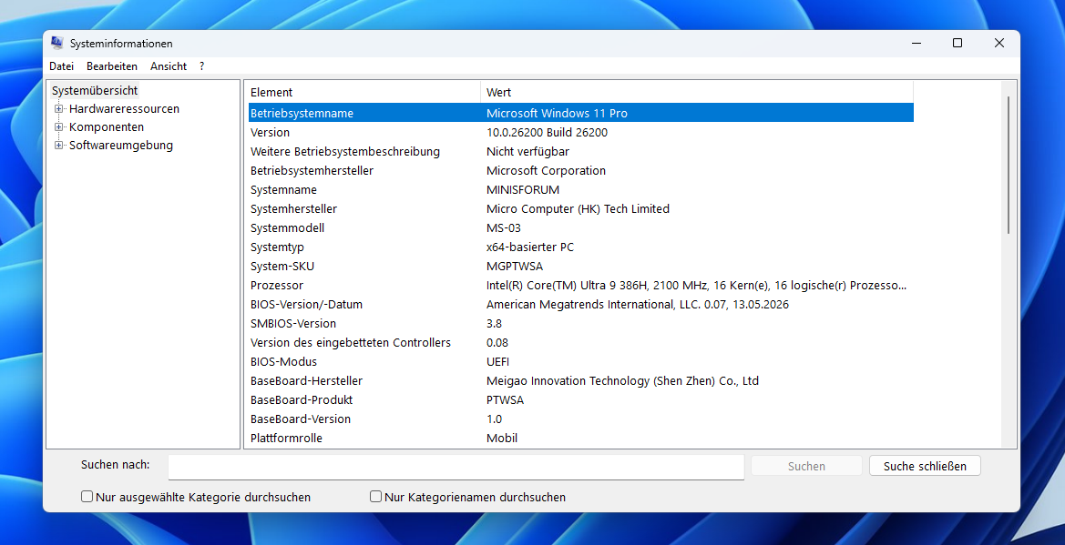 Test Minisforum MS 03 systeminformationen