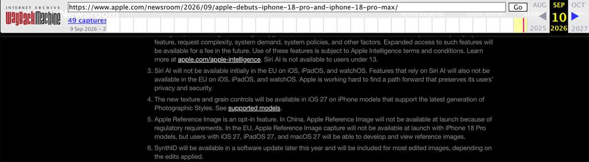 Wayback Machine iPhone 18 Pro press release notes on September 10, 2026