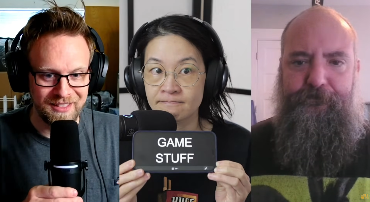 The Full Nerd 417 being recorded with the three hosts appearing onscreen alongside each other in 3 webcam streams