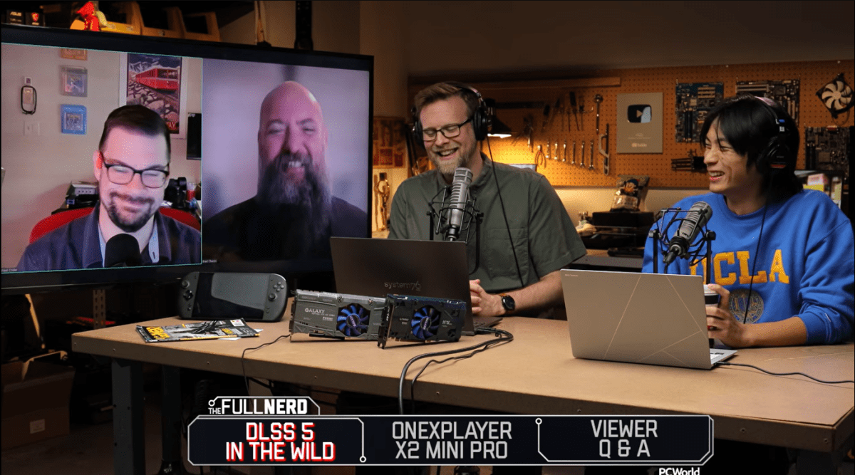 The Full Nerd 414 being recorded with two hosts sitting at a table and two more appearing remotely on an adjacent TV screen.
