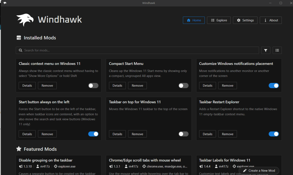 Windhawk mod program for Windows