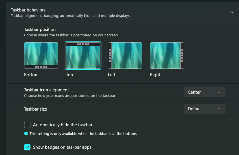 Windows 11 taskbar position