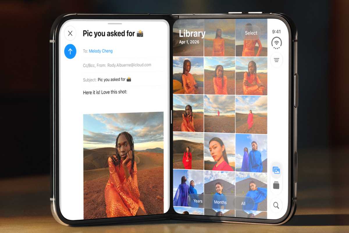 iPhone Duo with two apps open side by side on the inner screen
