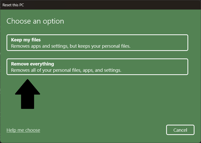 Reset this PC - Remove everything highlighted