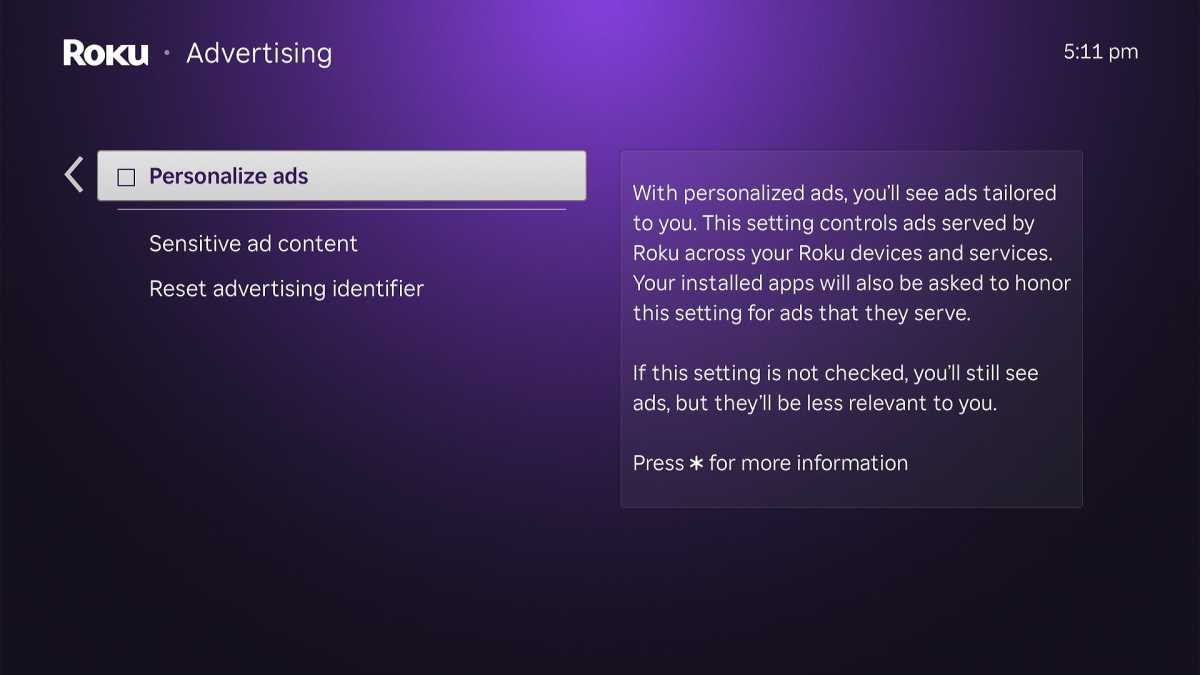Targeted ad settings on a Roku Streaming Stick