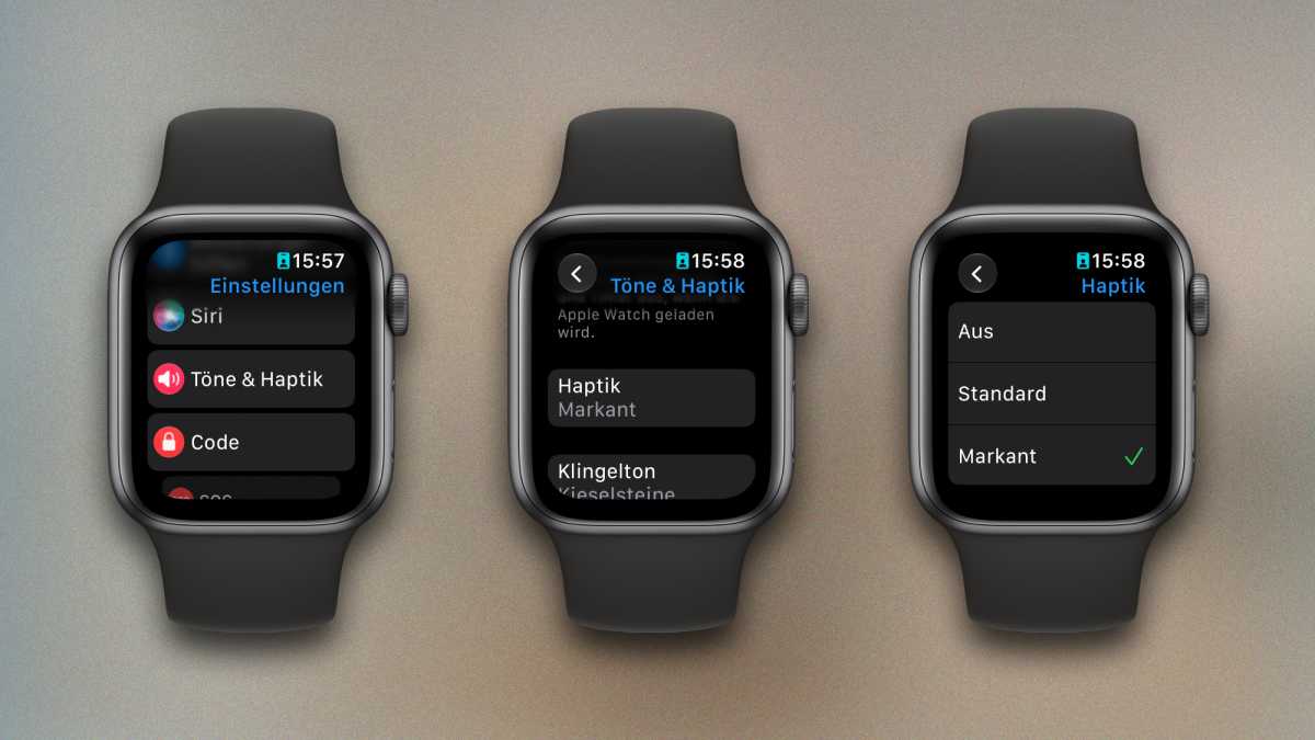 Drei Abbildungen einer Apple Watch mit den Vibrationseinstellungen der Apple Watch