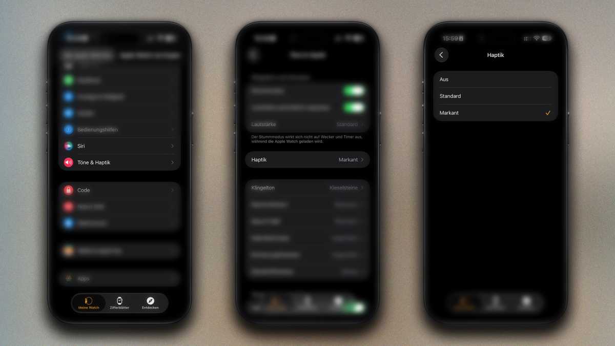 Drei Abbildungen eines iPhones mit den Vibrationseinstellungen der Apple Watch