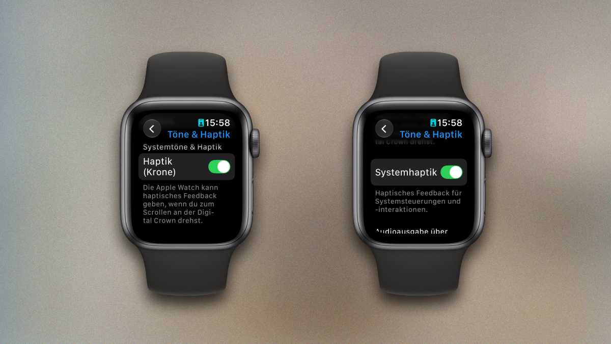 Zwei Abbildungen einer Apple Watch mit den Vibrationseinstellungen der Apple Watch