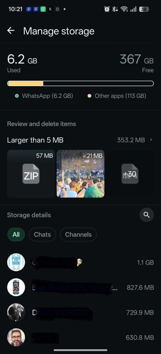 Screengrab showing WhatsApp storage 