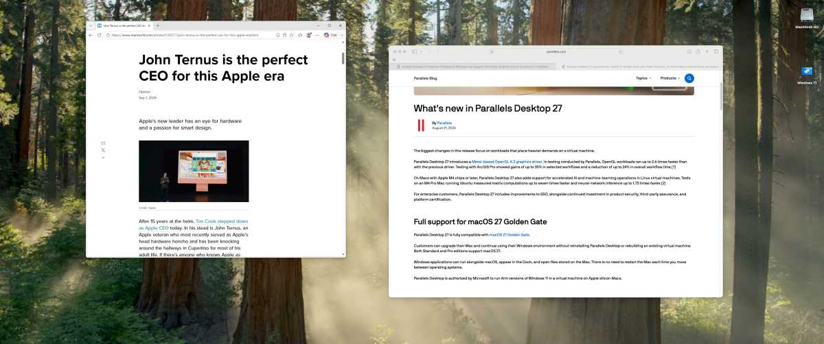 Parallels Coherence Mode With Edge and Safari