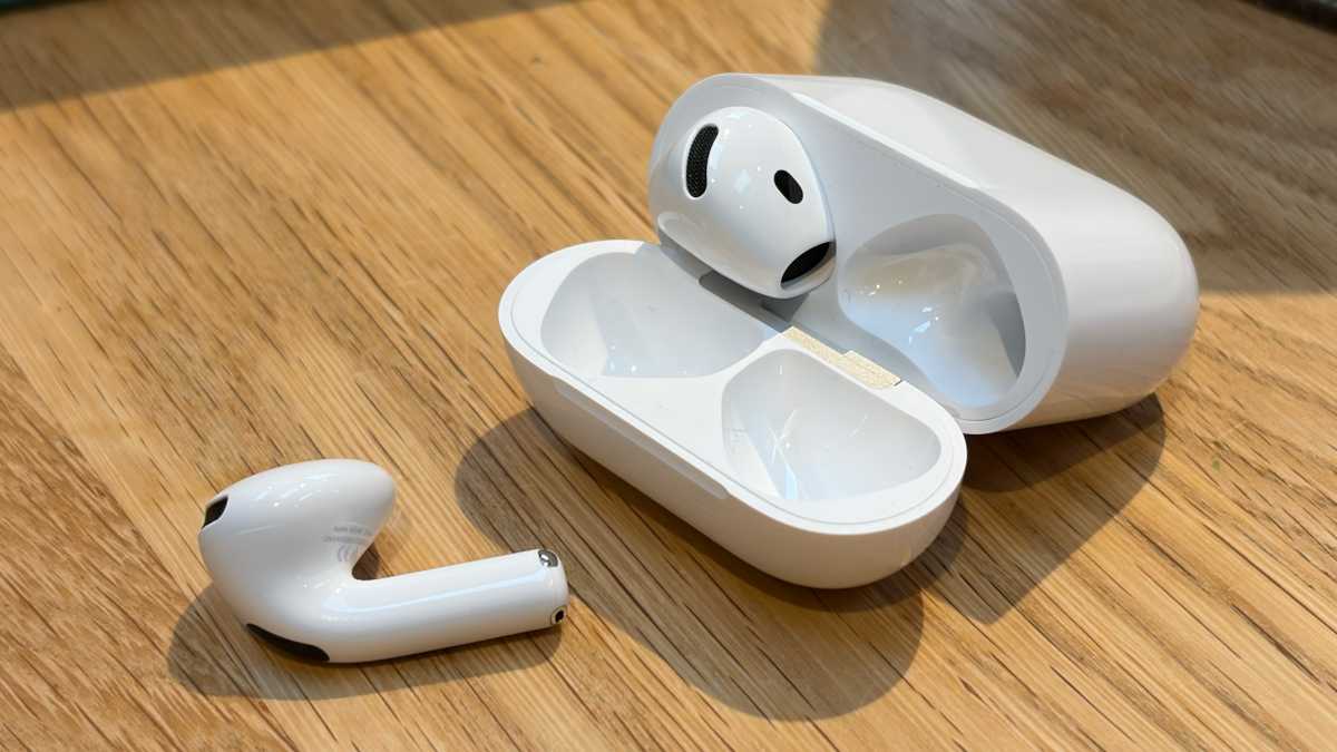 AirPods 5 with one bud in the case and one out