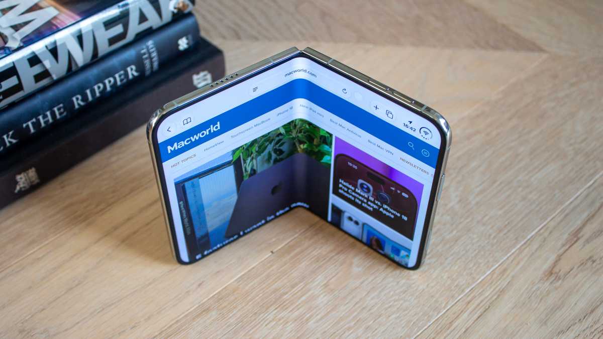 iphone duo propped up half open with the macworld website visible