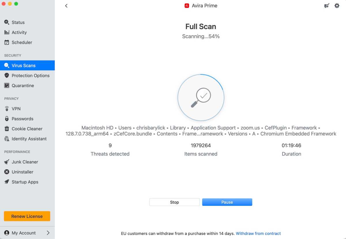 Avira Prime's Full Scan shows the files being checked, elapsed time, and estimated time remaining, making it easier to follow a lengthy malware scan