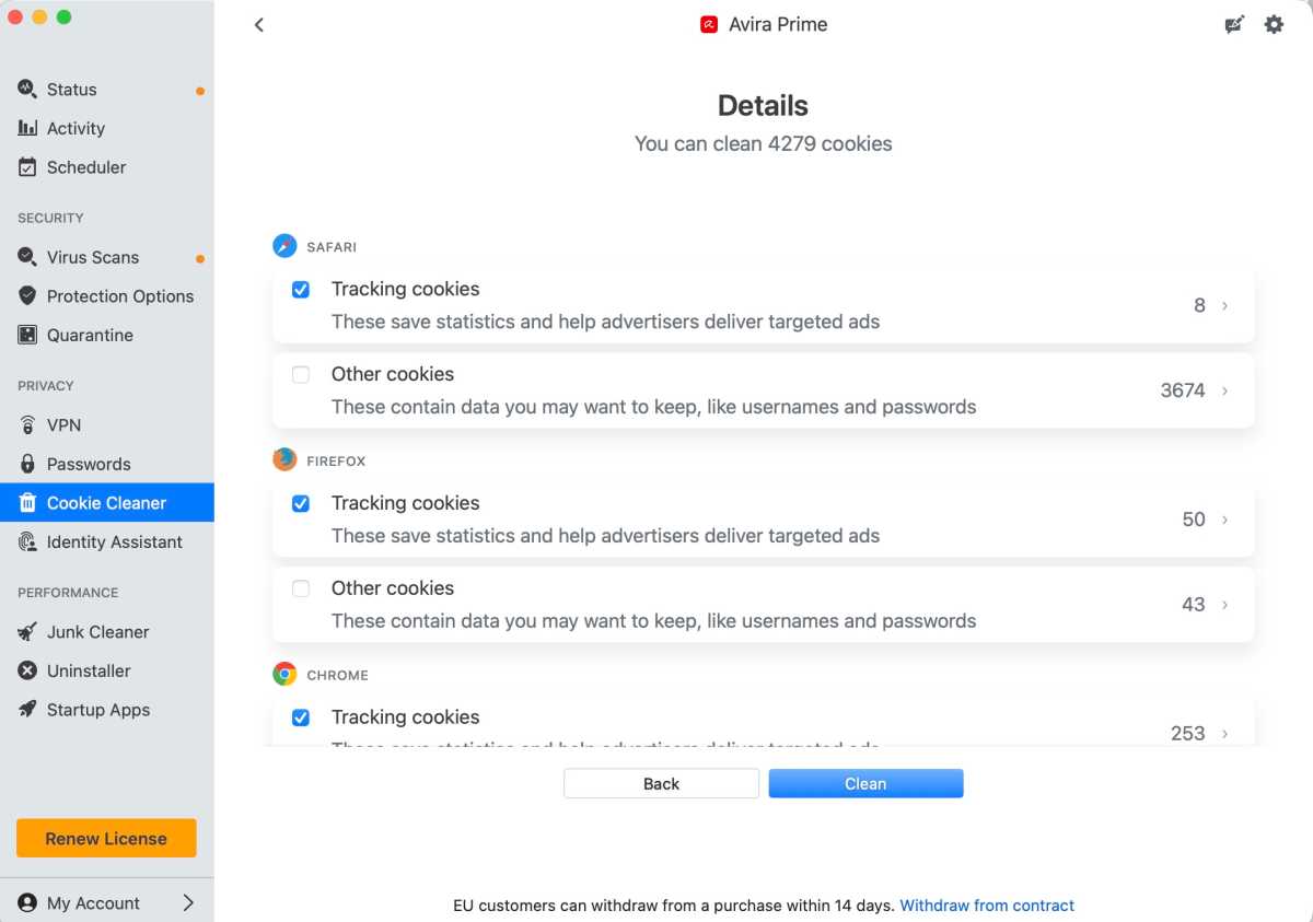 The Cookie Cleaner lets users select cookies for removal, although the lack of a search function makes navigating large lists harder than it should be.