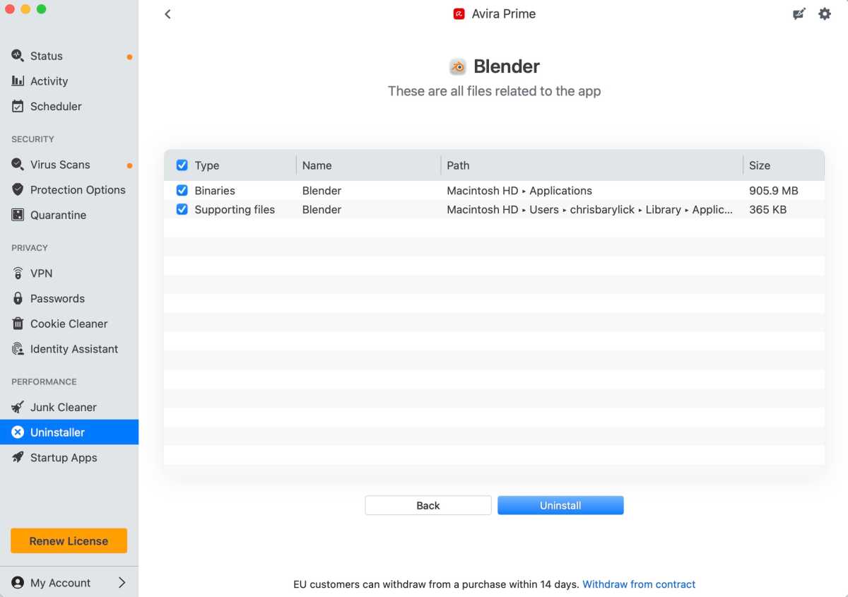 Avira Prime's Uninstaller removes an older version of Blender and its associated support files