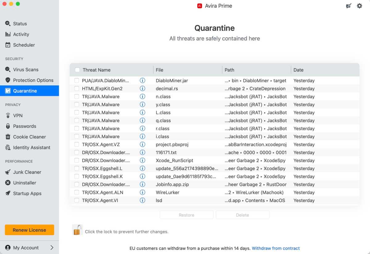 The Quarantine tool displays detected files and their locations, although more convenient log-export options would be welcome