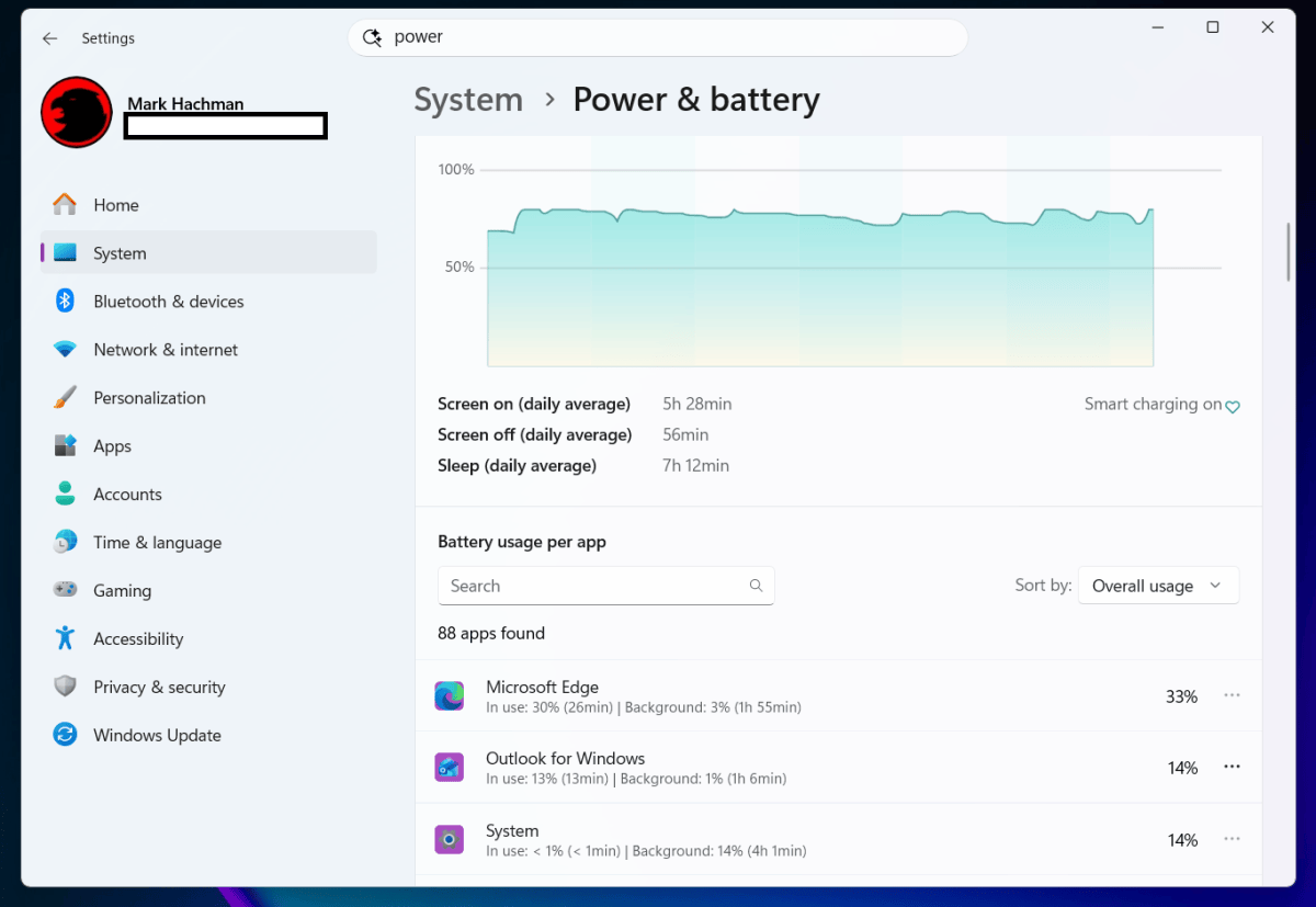 Windows 11 Power and battery Battery usage per app