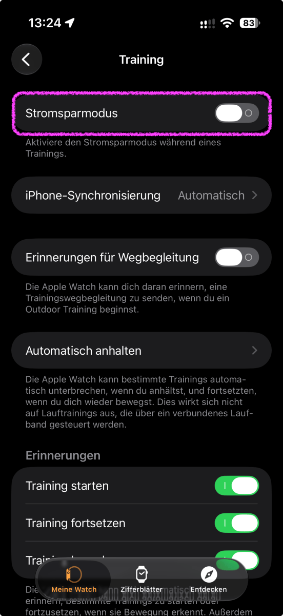 Gelber Ring beim Training: Automatischen Stromsparmodus der Apple Watch abschalten