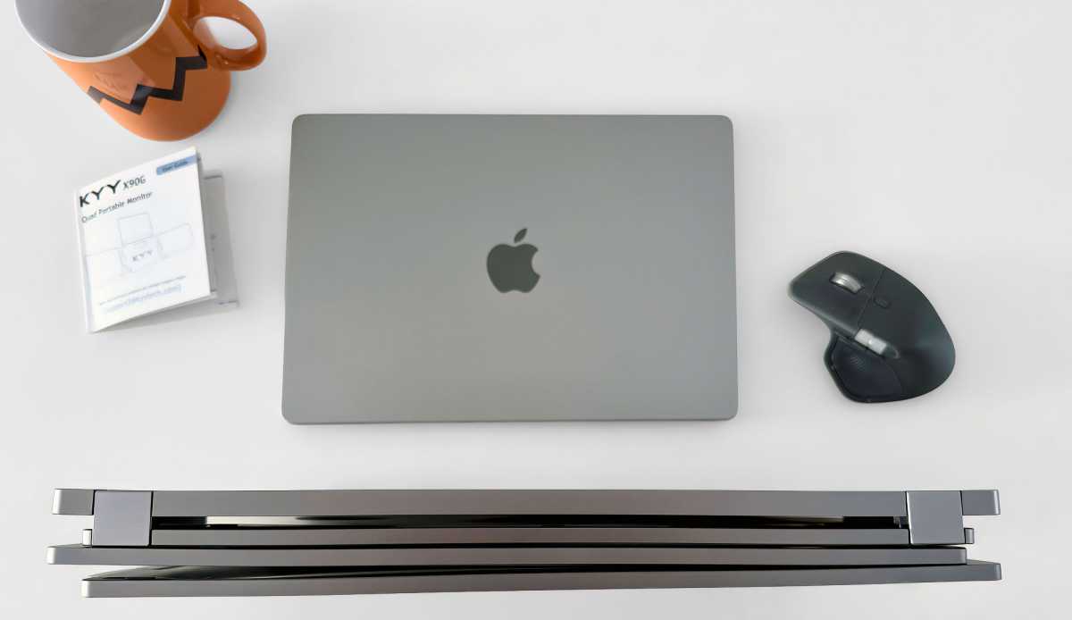 KYY X90G Quad Portable Monitor folded with MacBook