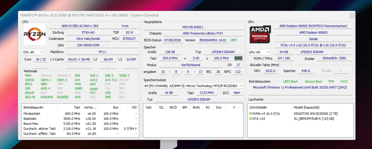 Test MSI PRO MAX EDGE AI  - hwinfo