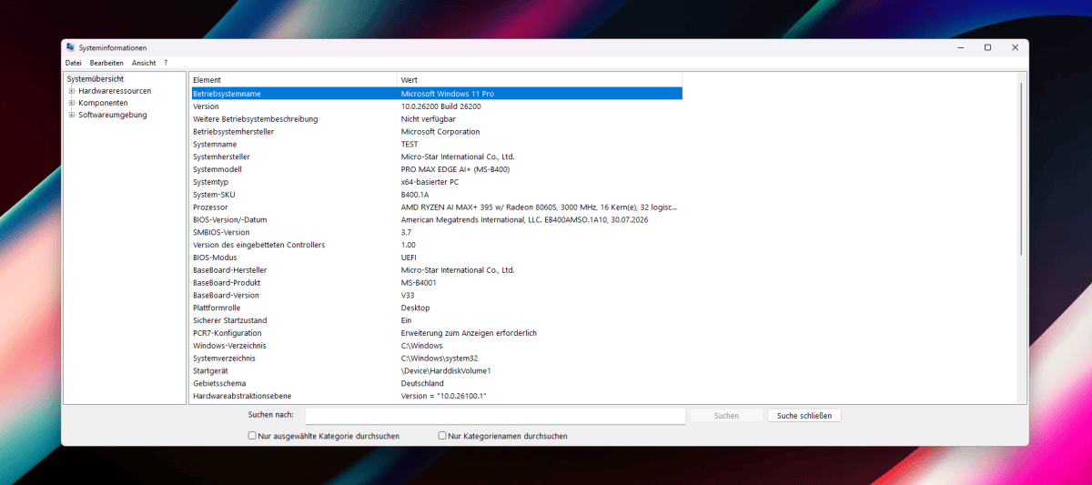 Test MSI PRO MAX EDGE AI  - systeminformationen