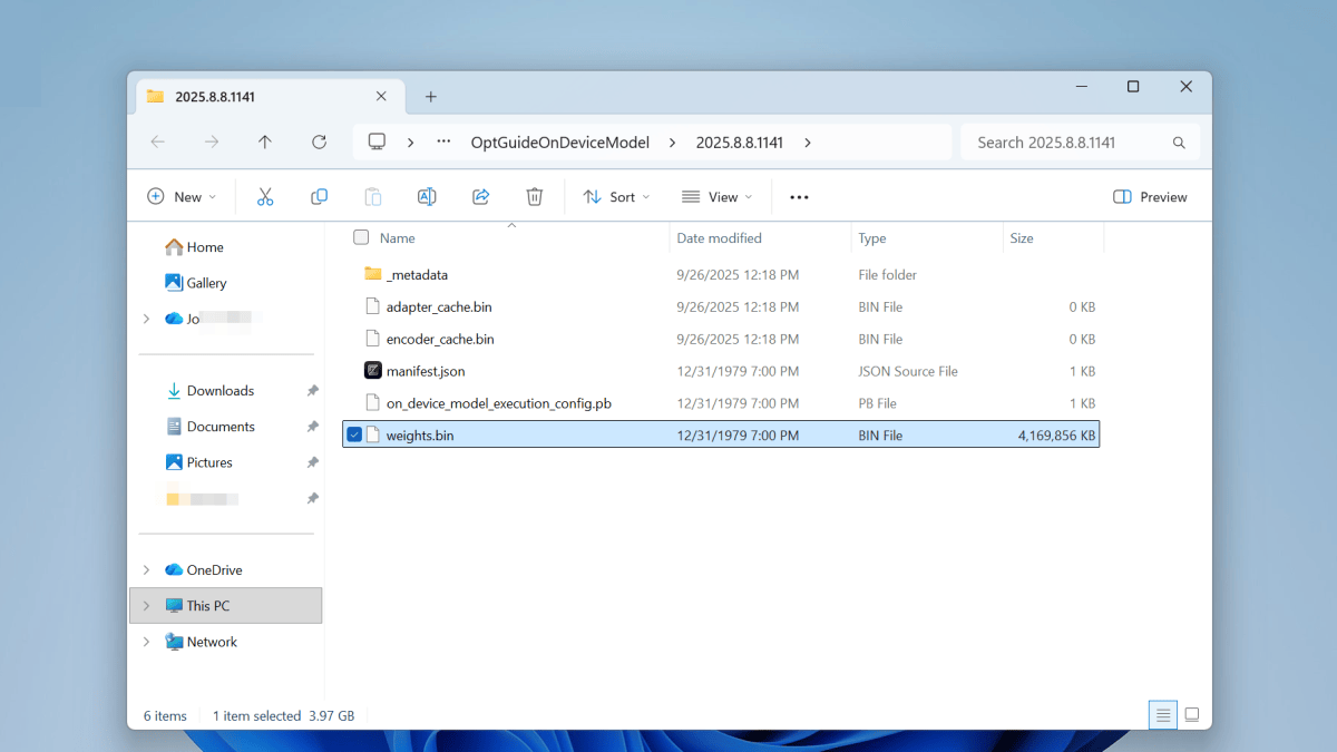 Windows 11 Chrome Gemini Nano weights.bin screenshot