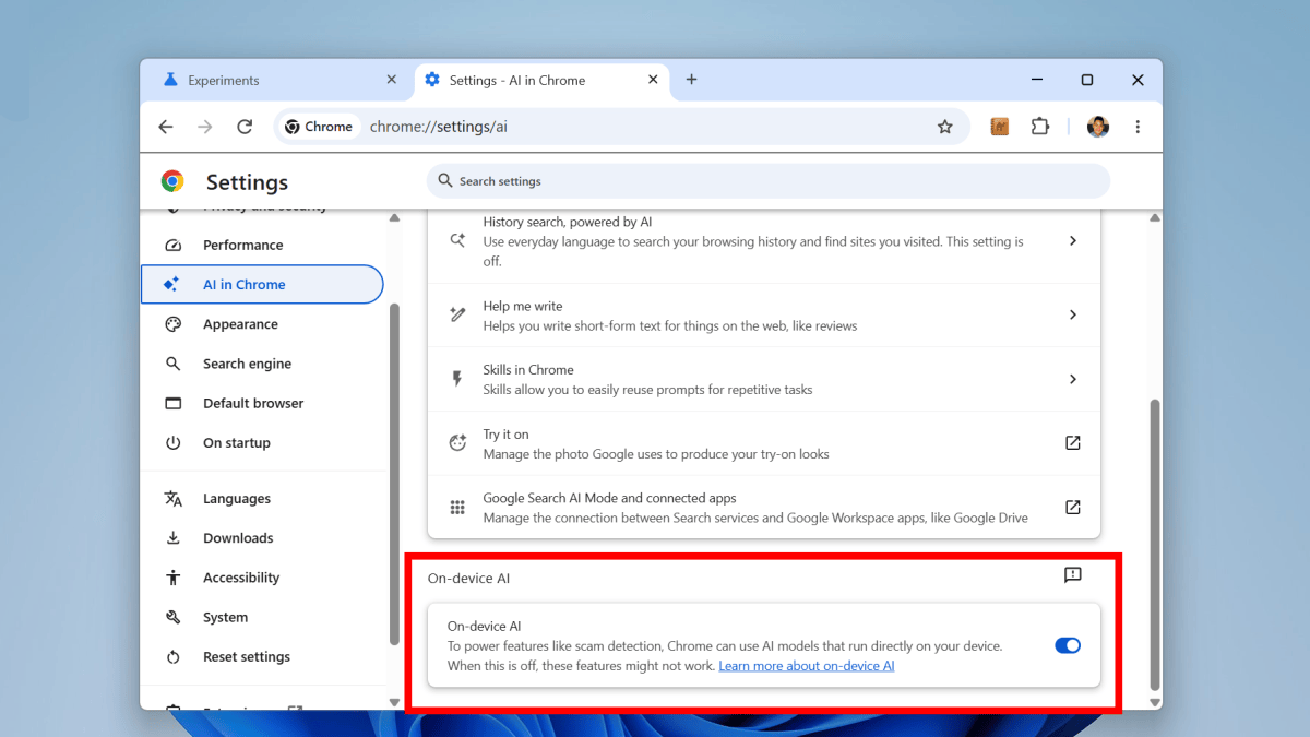 Windows 11 Chrome settings On-Device AI screenshot