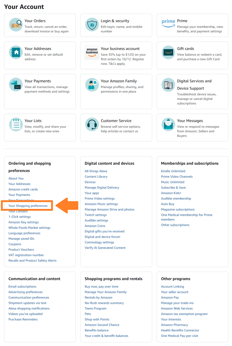 Amazon account page with Shopping preferences link highlighted