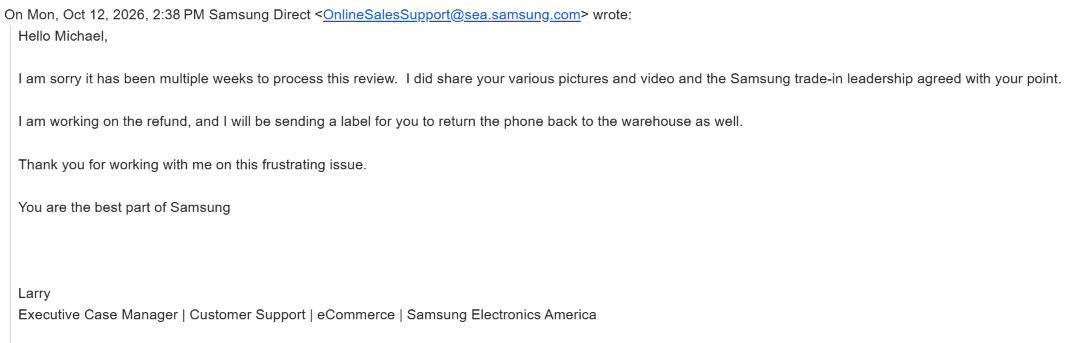 Samsung support email to Michael