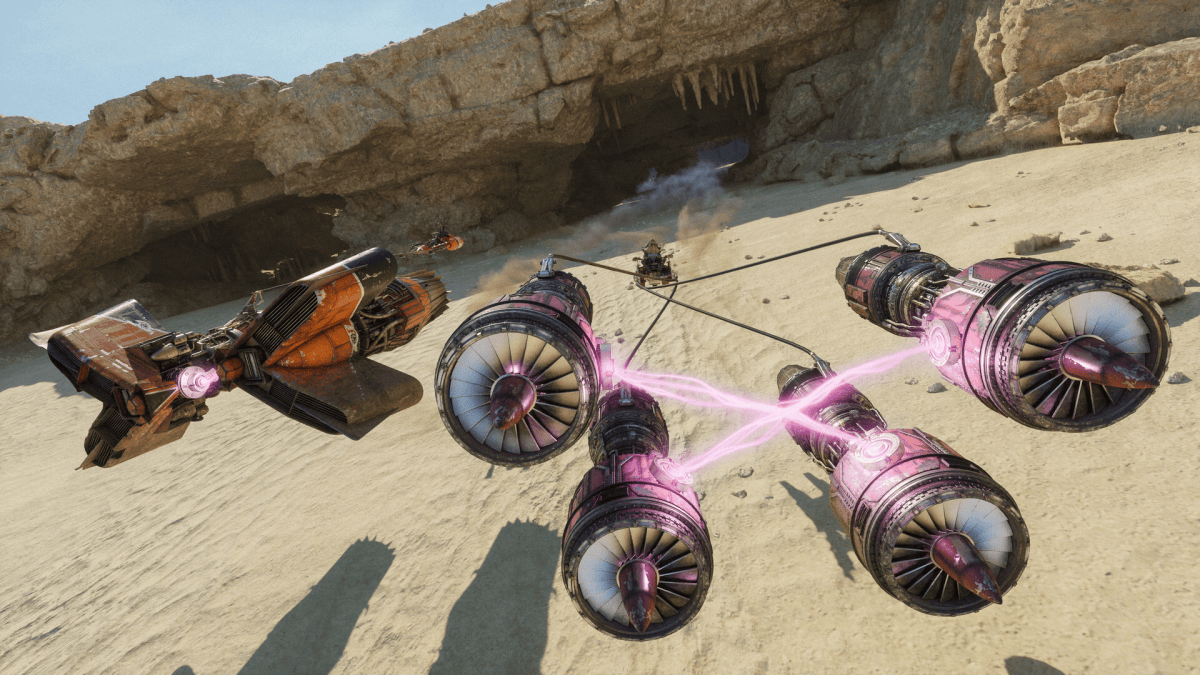 Star Wars Galactic racer screenshot: two podracers on a dusty planet. 
