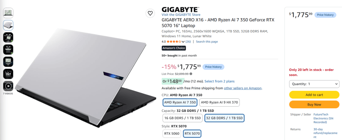 Gigabyte Aero X16 gaming laptop Amazon listing