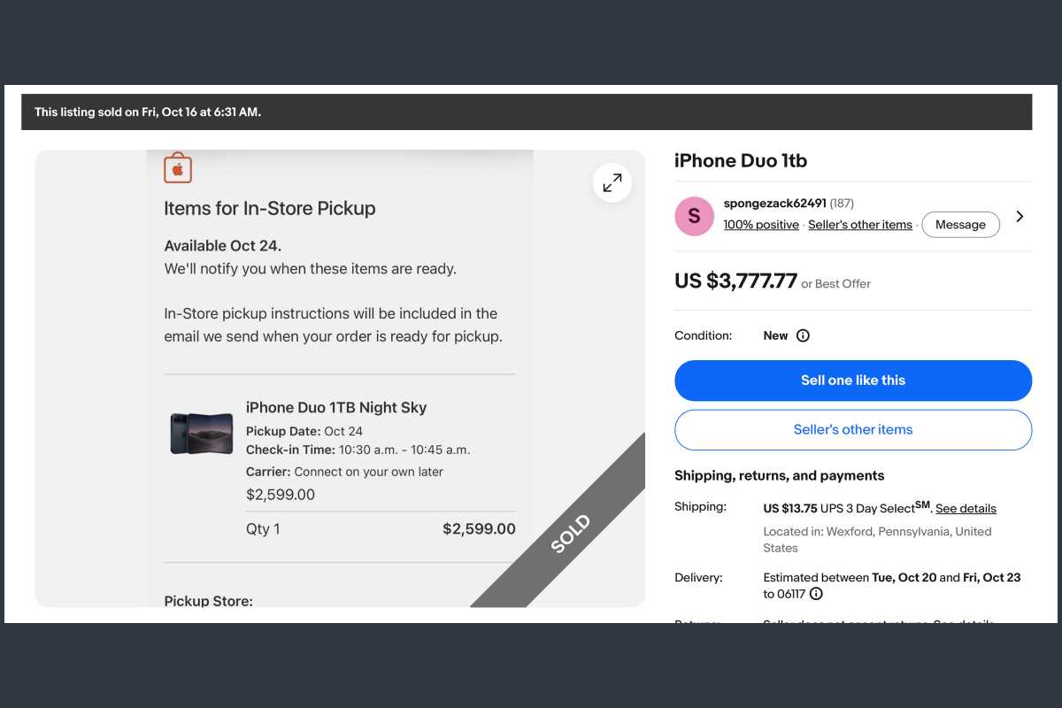 ebay listing for iphone duo in night sky that sold for $3,777.77
