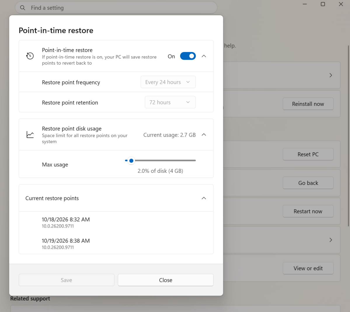 Windows Point in time restore