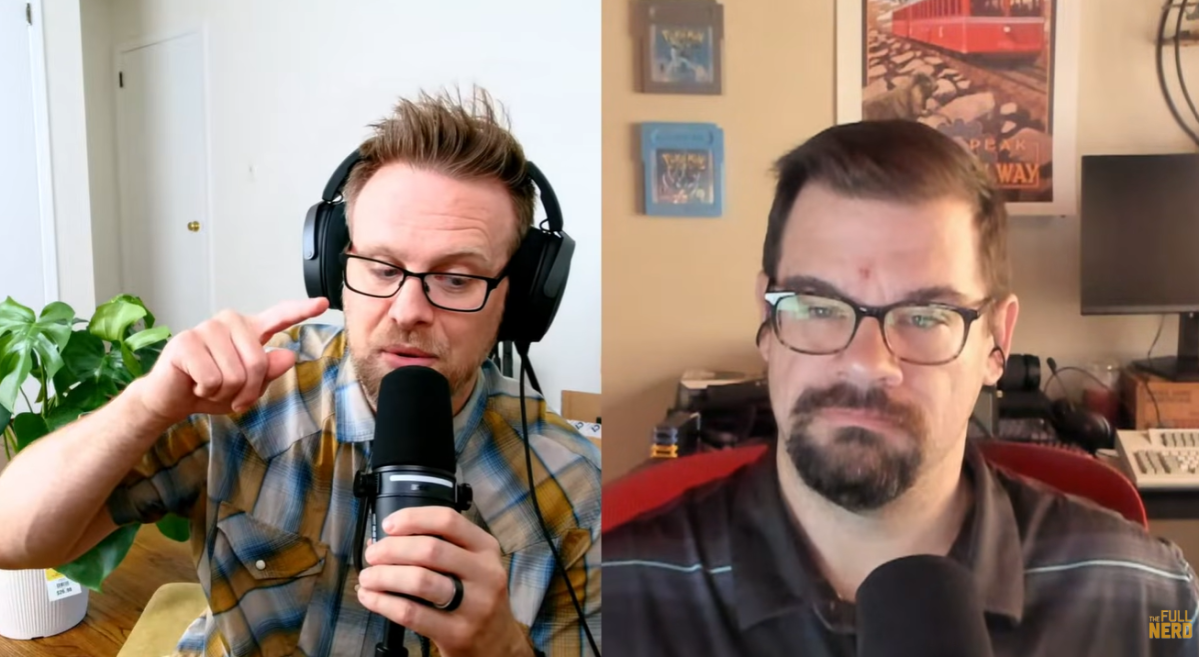 The Full Nerd #418 featuring Adam Patrick Murray and Michael Crider speaking into microphones.