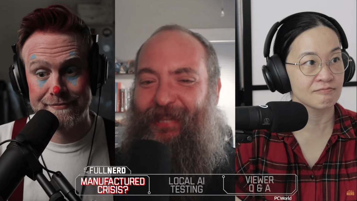 TFN 421 being recorded with Adam Patrick Murray, Brad Chacos and Alaina Yee lined up left to right