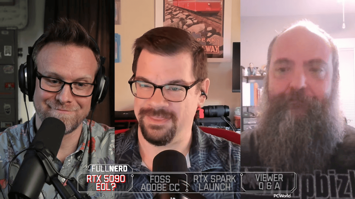 The Full Nerd 419 with the video feed of cohosts Adam Patrick Murray, Michael Crider and Brad Chacos (from left to right) each occuping a third of the screen, with show titles on the bottom