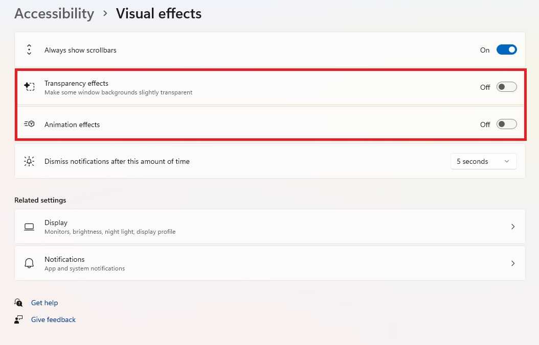 Windows visual effects settings