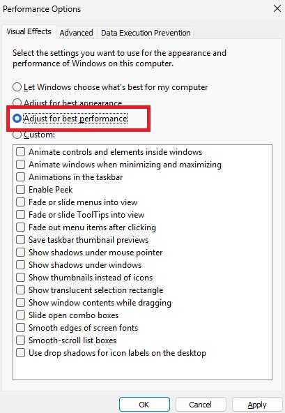 Windows visual effects settings