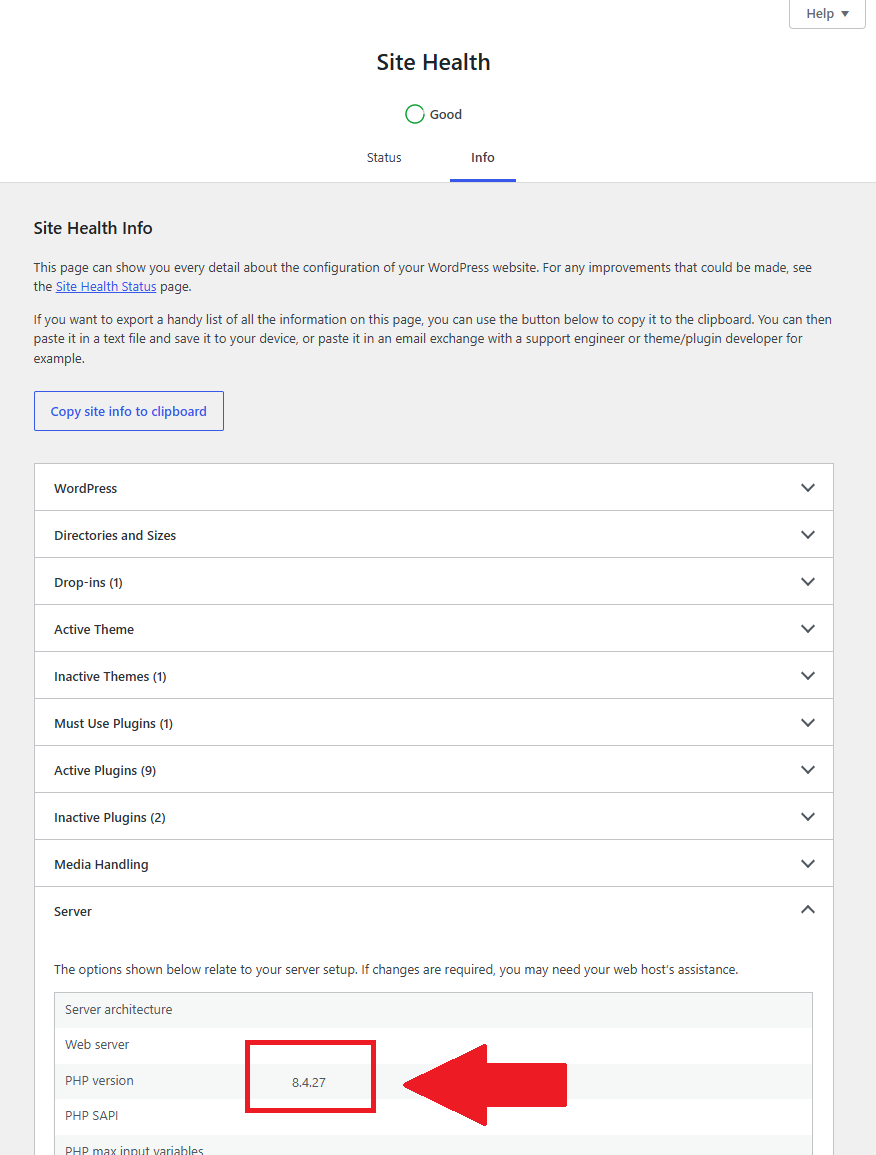 Screenshot showing PHP version for WordPress install